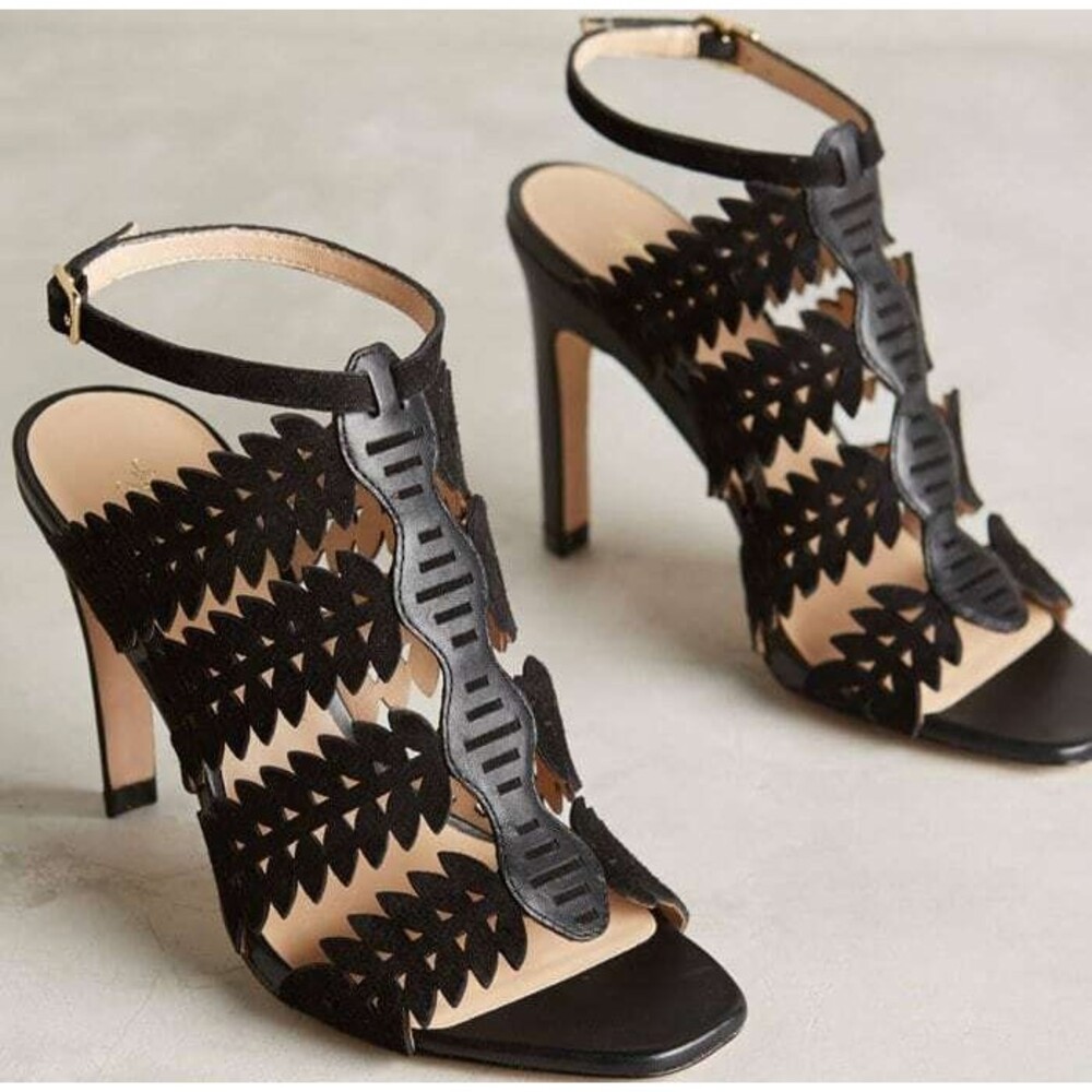 New Eight Fifteen Bonfire Lasercut Ankle Strap High Heel Sandals Black Leather 9
